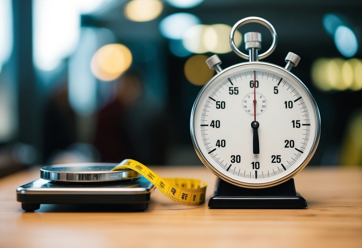 A scale with decreasing numbers, a stopwatch, and a measuring tape