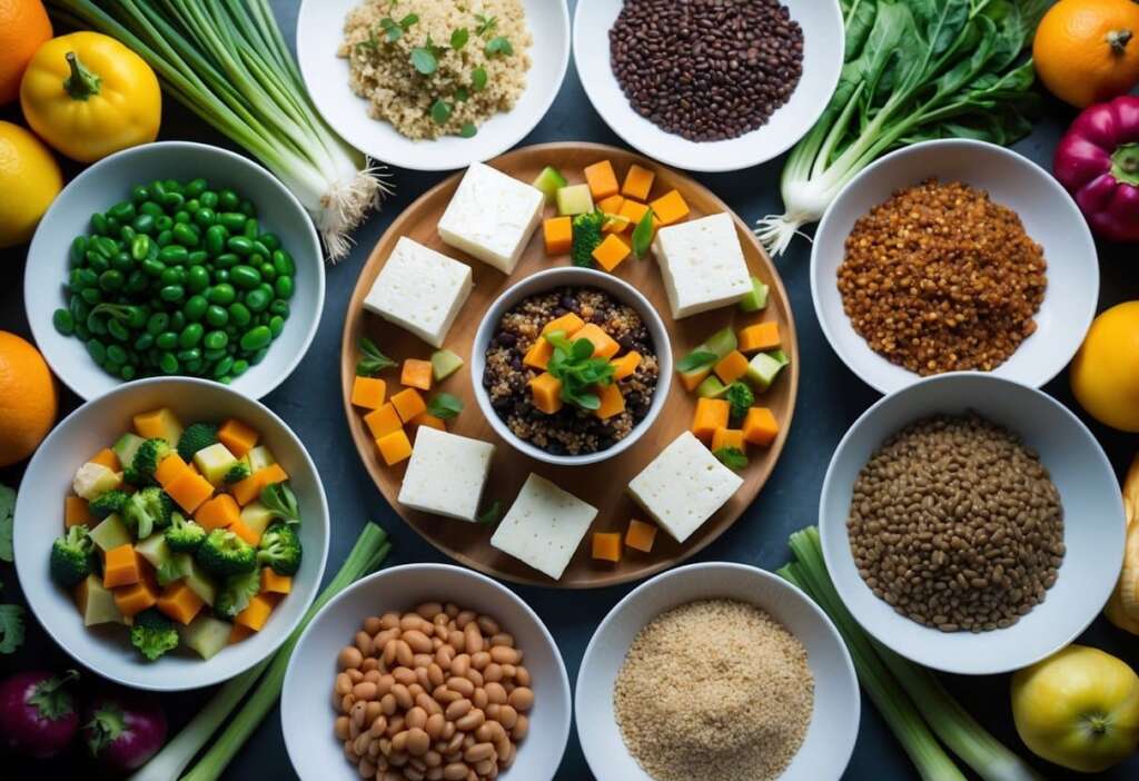 A table set with a variety of high-protein vegetarian meals, including tofu, quinoa, lentils, and beans, surrounded by colorful fruits and vegetables