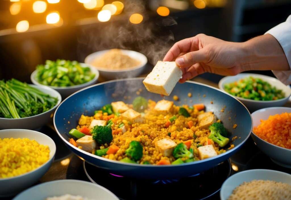 A chef adds tofu to a sizzling stir-fry, surrounded by bowls of colorful vegetables and grains