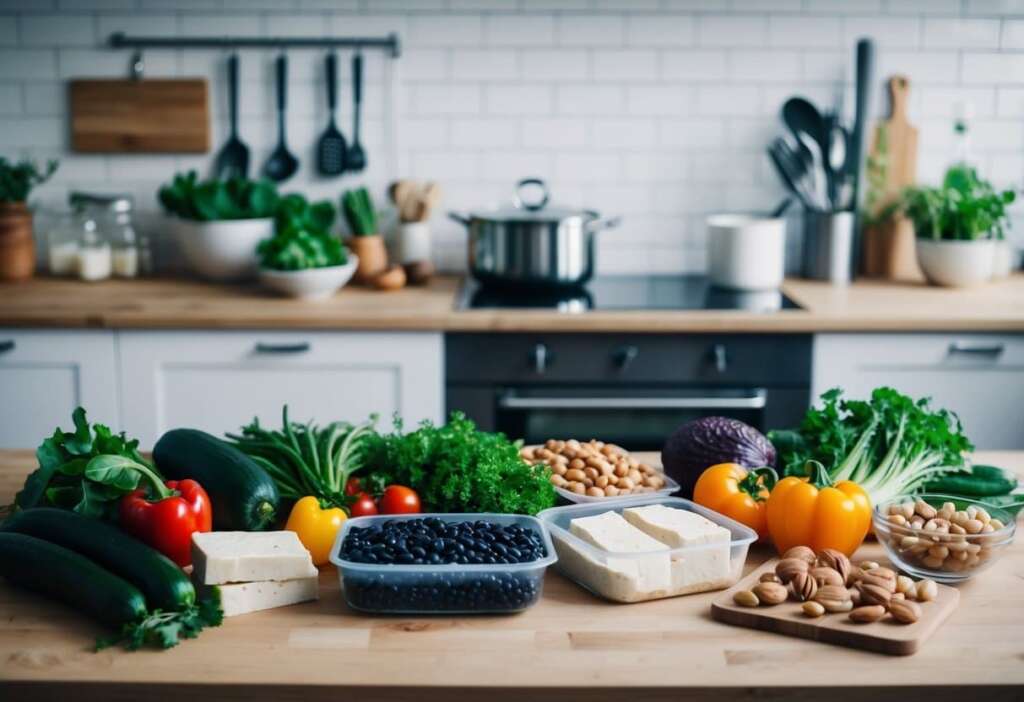 A kitchen counter with a variety of fresh vegetables, beans, tofu, and nuts, along with a meal prep containers and cooking utensils